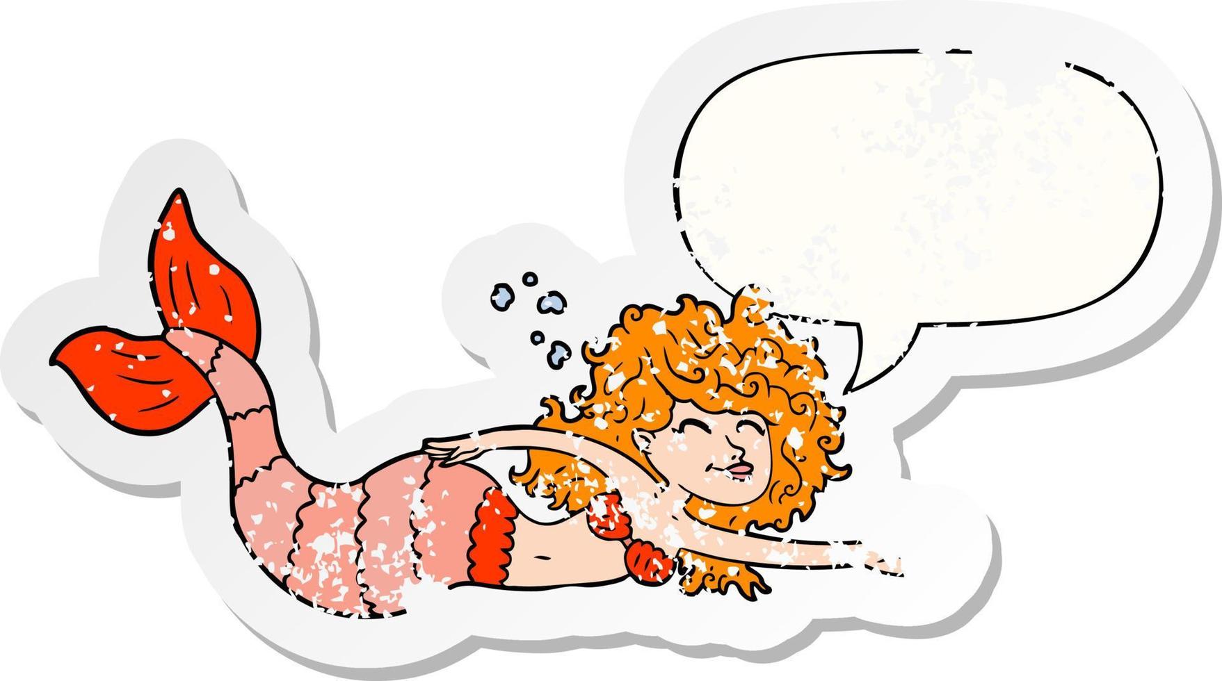 cartoon mermaid and speech bubble distressed sticker vector