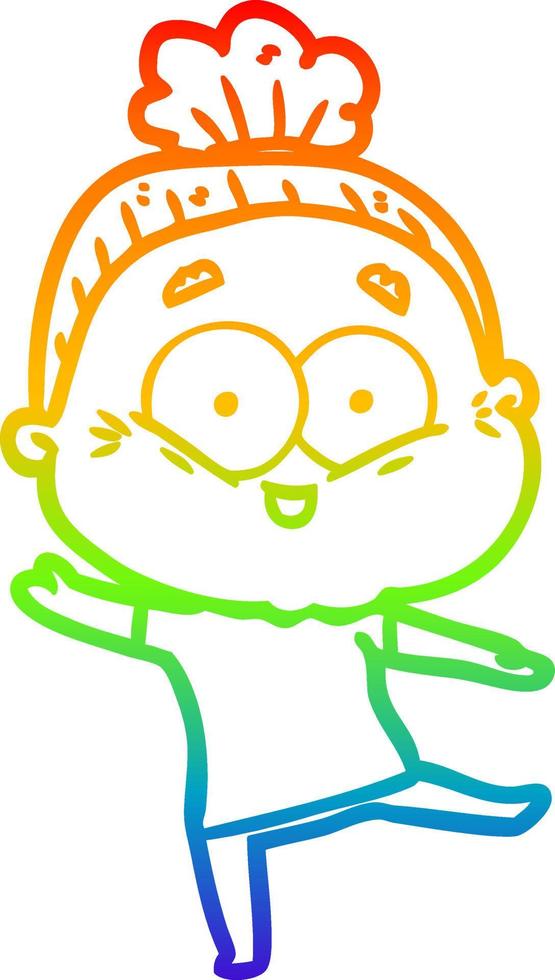 rainbow gradient line drawing cartoon happy old woman vector