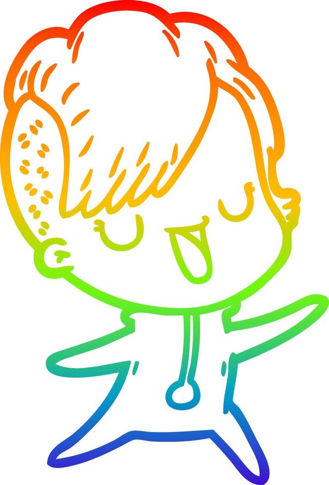 rainbow gradient line drawing cute cartoon girl with hipster haircut vector