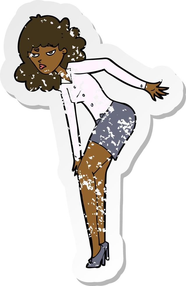 retro distressed sticker of a cartoon annoyed woman rubbing knee vector