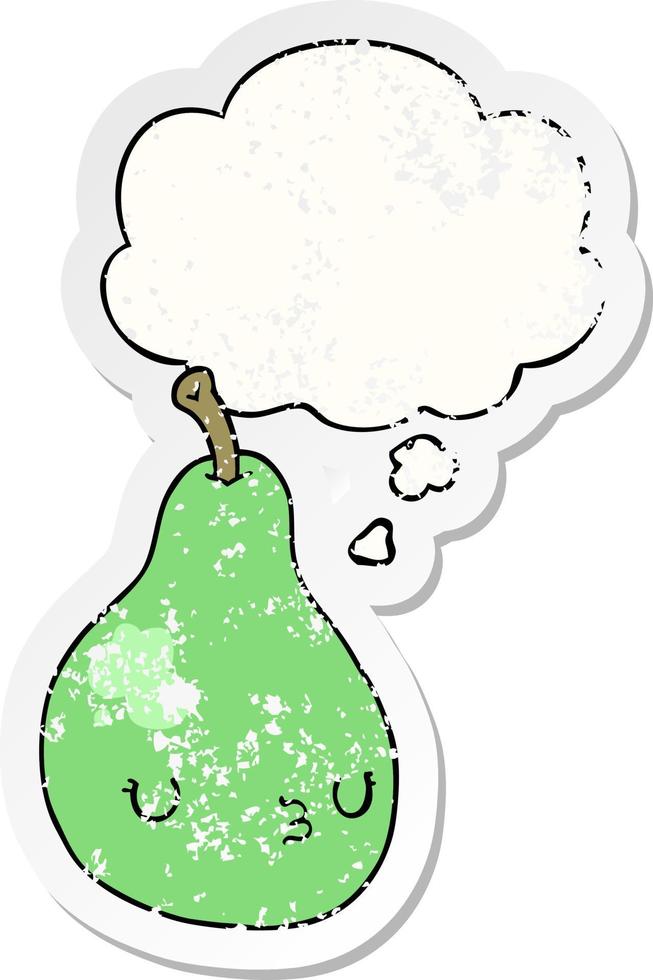 cartoon pear and thought bubble as a distressed worn sticker vector