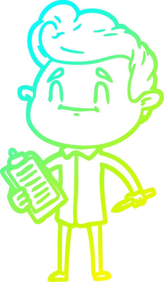 cold gradient line drawing happy cartoon man with pen and clipboard vector