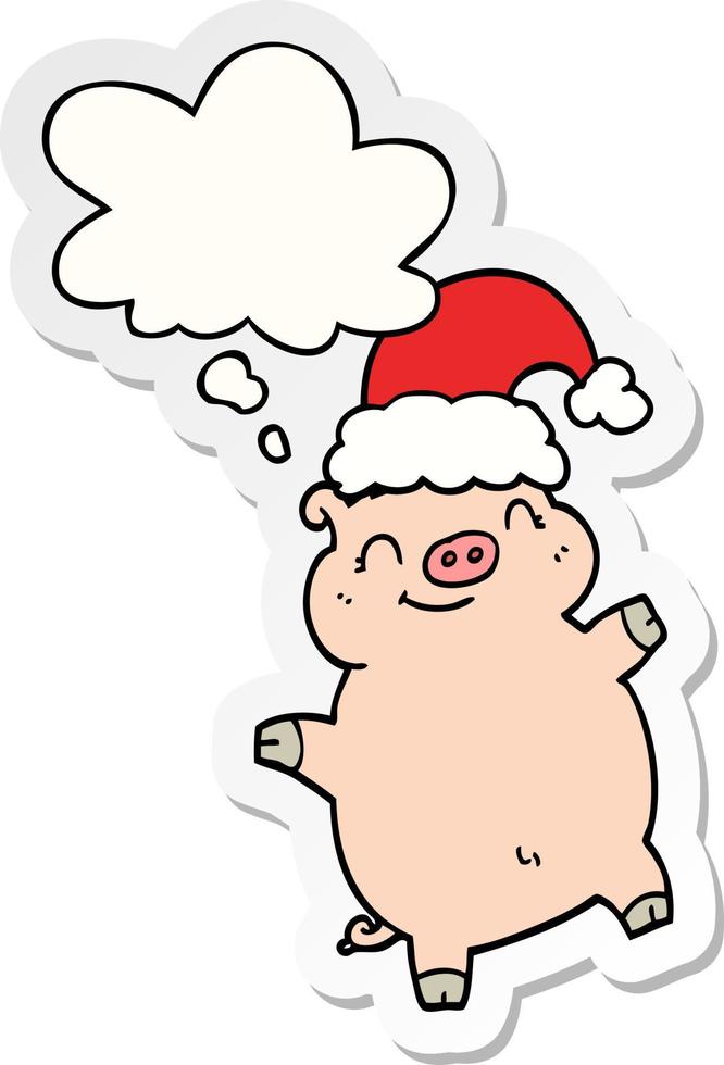 cartoon happy christmas pig and thought bubble as a printed sticker vector