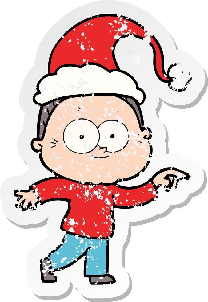 distressed sticker cartoon of a happy old woman wearing santa hat vector