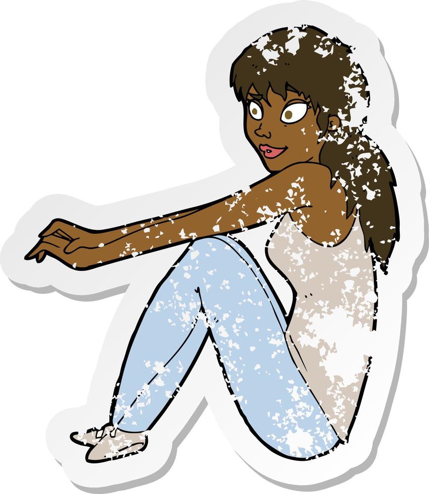 retro distressed sticker of a cartoon happy woman sitting vector