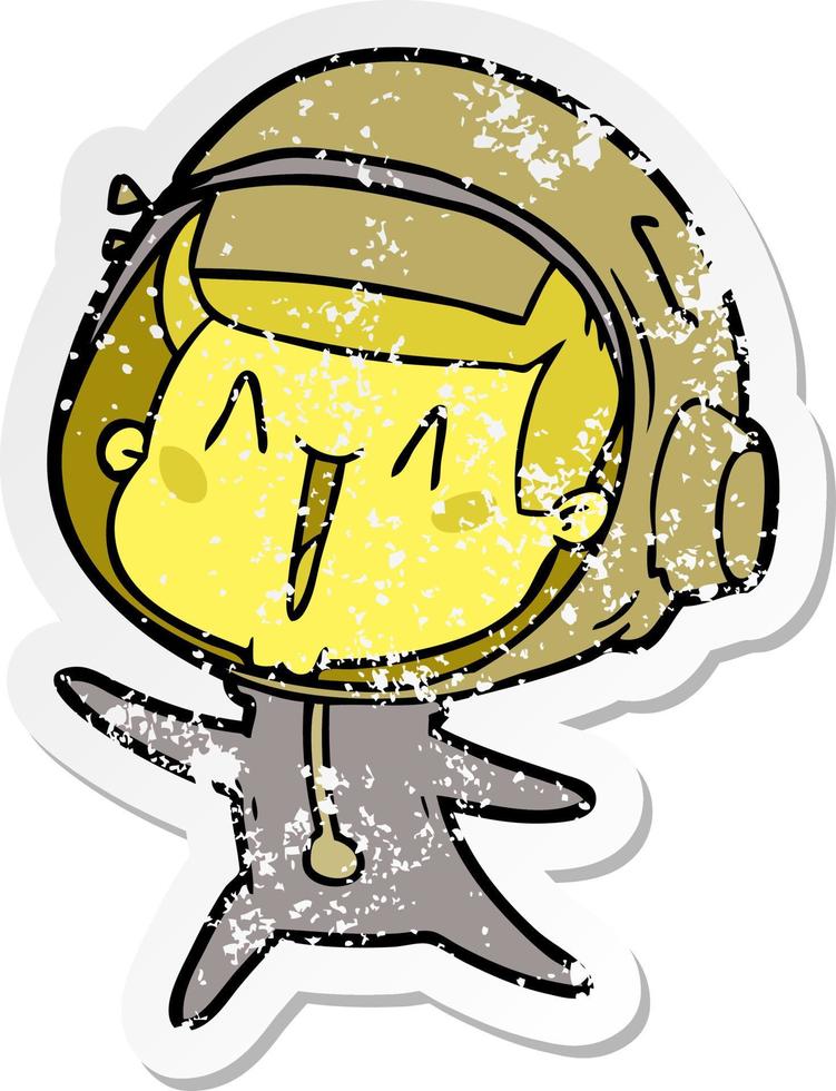 distressed sticker of a happy cartoon astronaut leaping vector