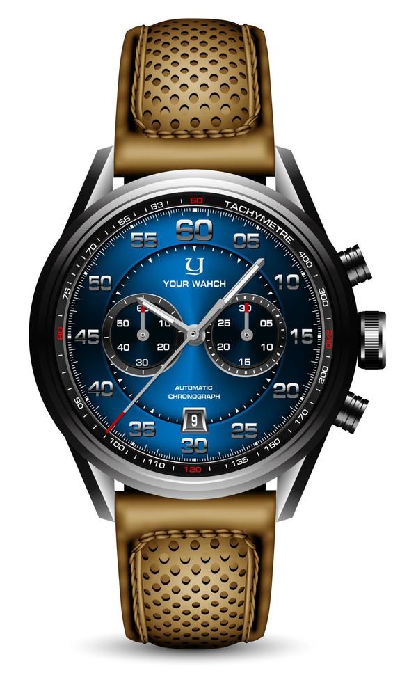 Realistic clock watch sport chronograph black blue steel yellow leather strap for men luxury on white background object vector