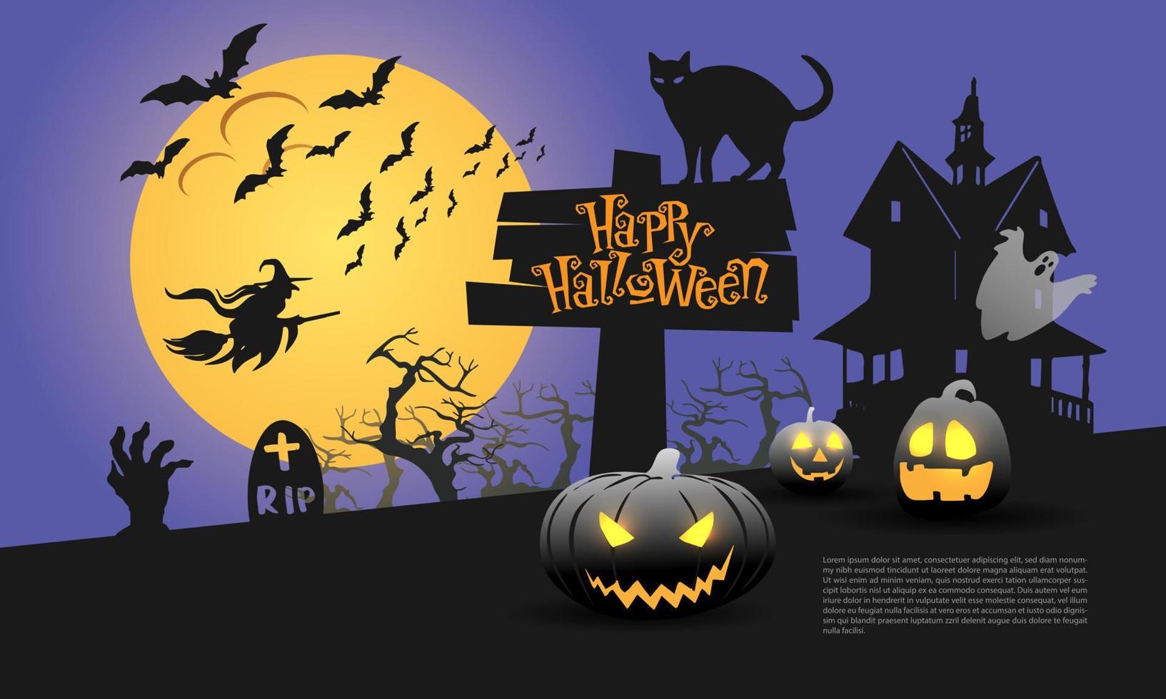 Happy Halloween night party yellow moon on purple design for holiday festival celebration background vector