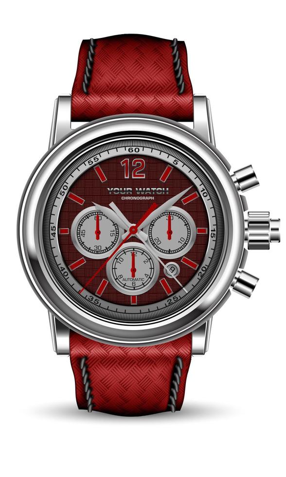 Realistic vector watch clock chronograph silver metal red face arrow with leather weaved strip strap on white design classic luxury fashion