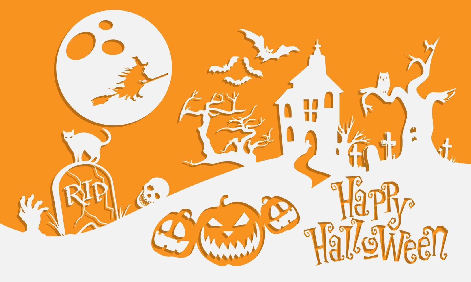 Happy Halloween white paper cut on orange design for holiday night party festivel background vector