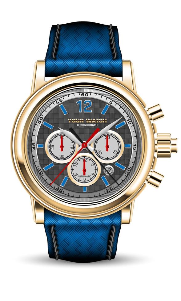 Realistic vector watch clock chronograph gold blue metal face red arrow with leather weaved strip strap on white design classic luxury fashion