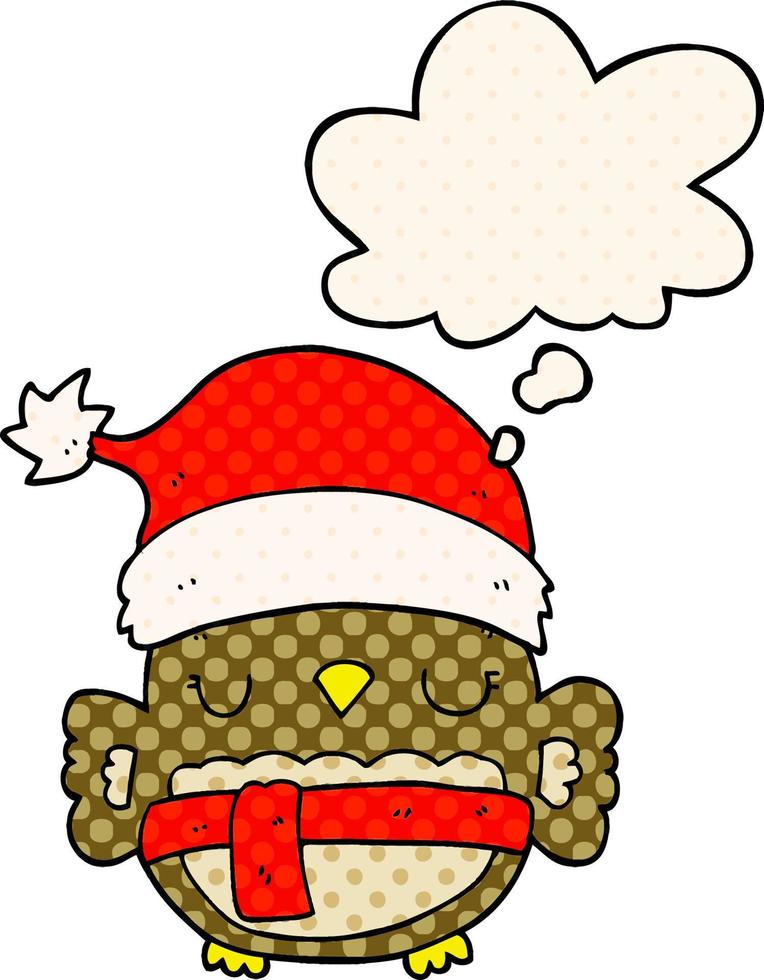 cute christmas owl and thought bubble in comic book style vector