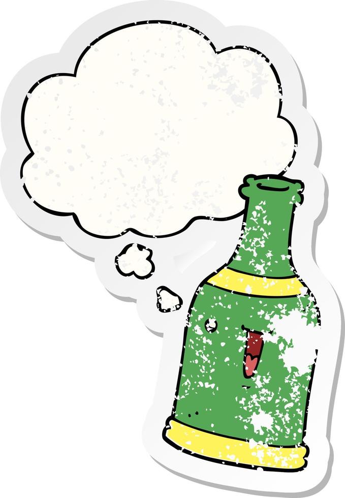 cartoon beer bottle and thought bubble as a distressed worn sticker vector