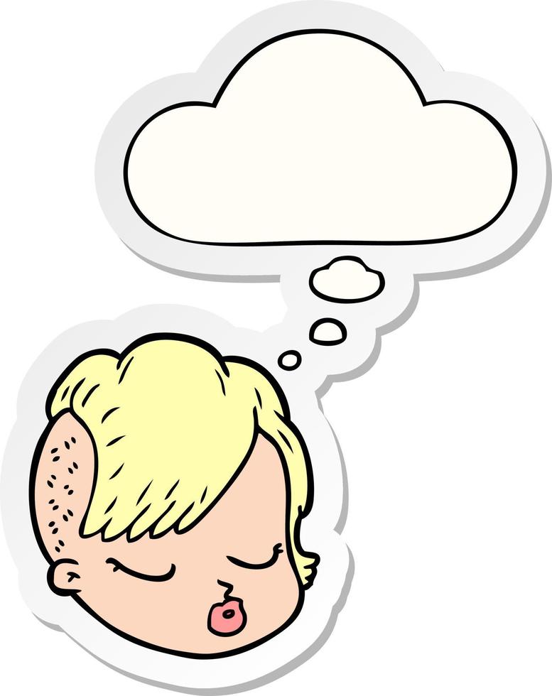 cartoon female face and thought bubble as a printed sticker vector