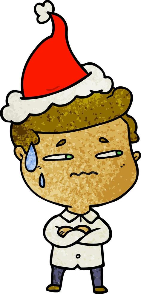 textured cartoon of a anxious man wearing santa hat vector