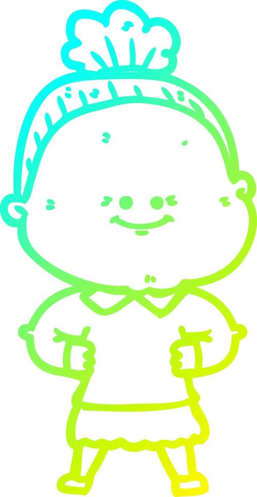 cold gradient line drawing cartoon happy old woman vector