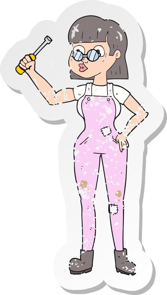 retro distressed sticker of a cartoon female mechanic vector