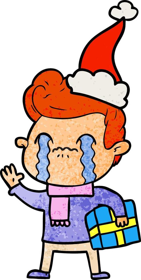 textured cartoon of a man crying wearing santa hat vector