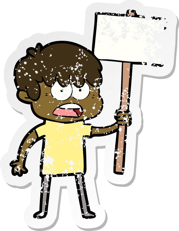 distressed sticker of a worried cartoon boy vector