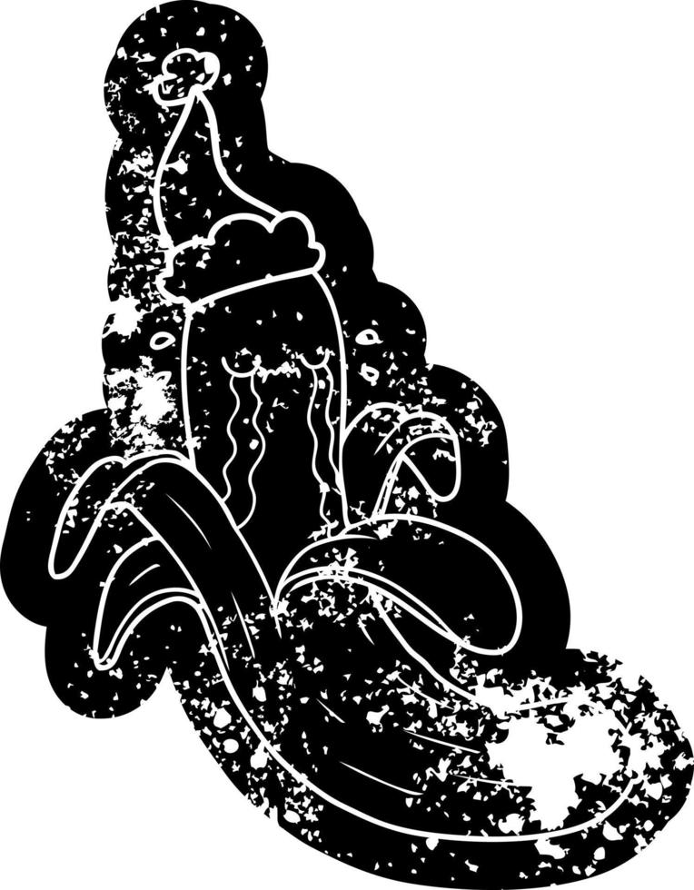 cartoon distressed icon of a crying banana wearing santa hat vector