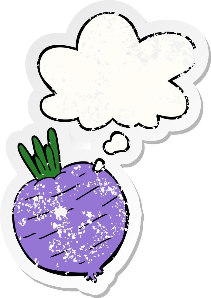 cartoon vegetable and thought bubble as a distressed worn sticker vector