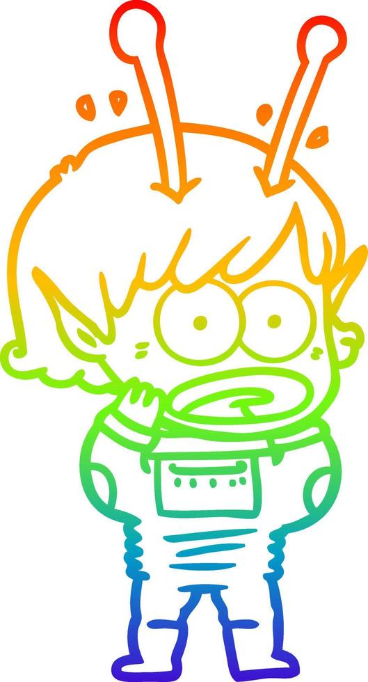 rainbow gradient line drawing cartoon shocked alien girl vector