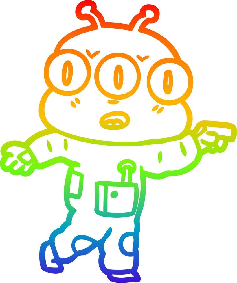 rainbow gradient line drawing cartoon three eyed alien pointing vector