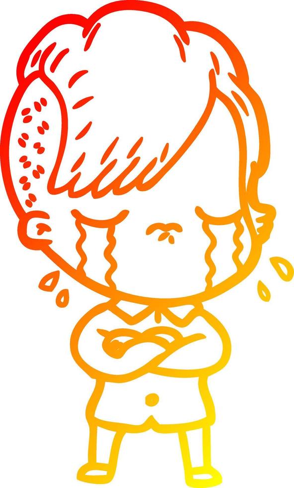 warm gradient line drawing cartoon crying girl with crossed arms vector