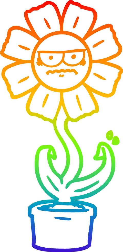 rainbow gradient line drawing angry cartoon flower vector