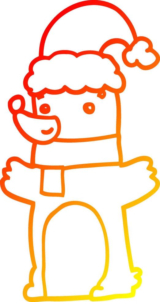 warm gradient line drawing cartoon bear wearing christmas hat vector