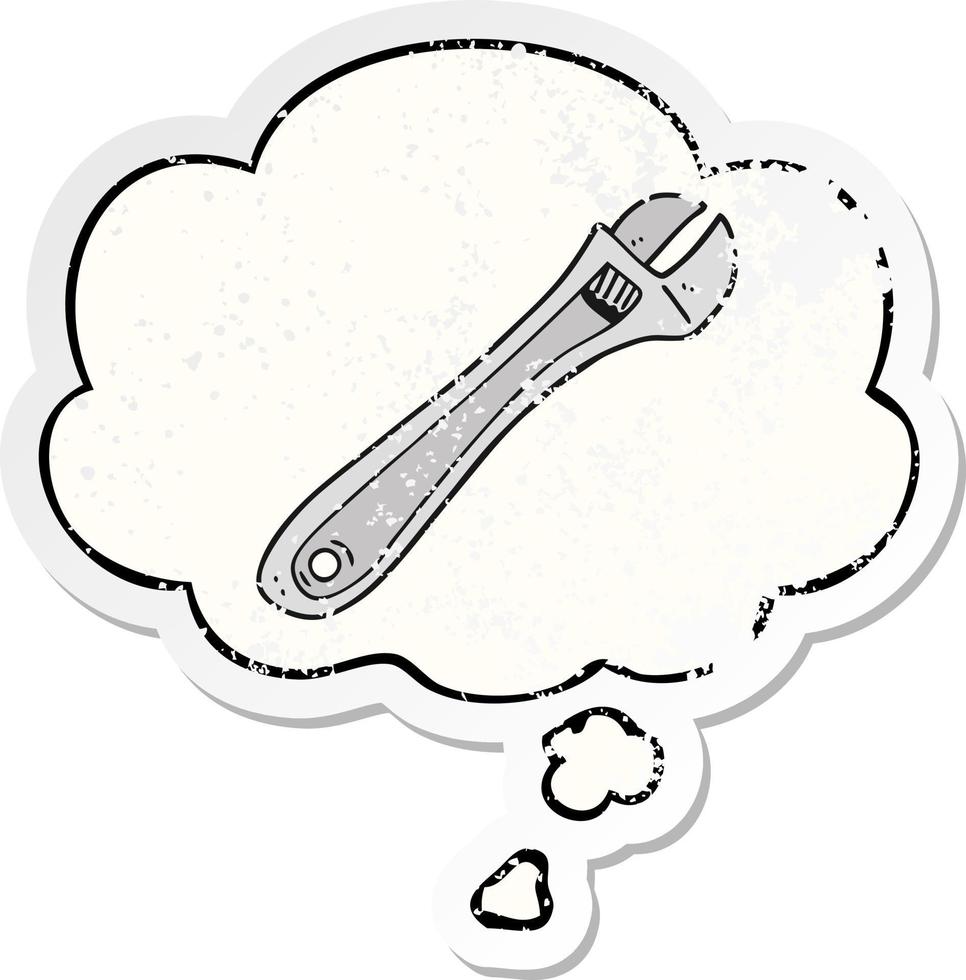 cartoon spanner and thought bubble as a distressed worn sticker vector