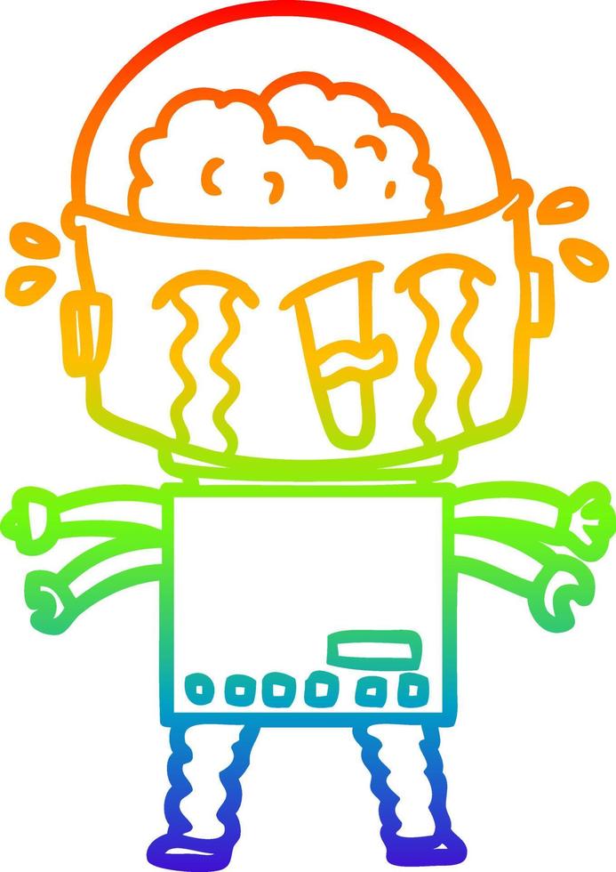 rainbow gradient line drawing cartoon crying robot vector