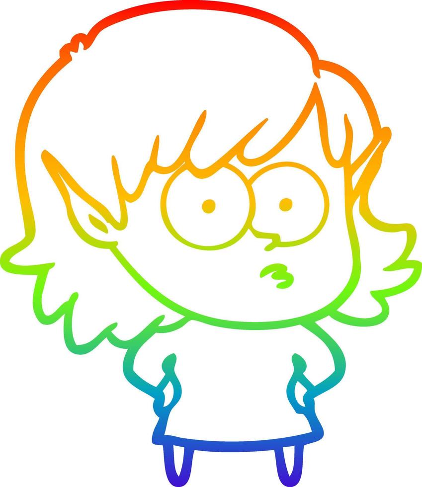 rainbow gradient line drawing cartoon elf girl staring vector