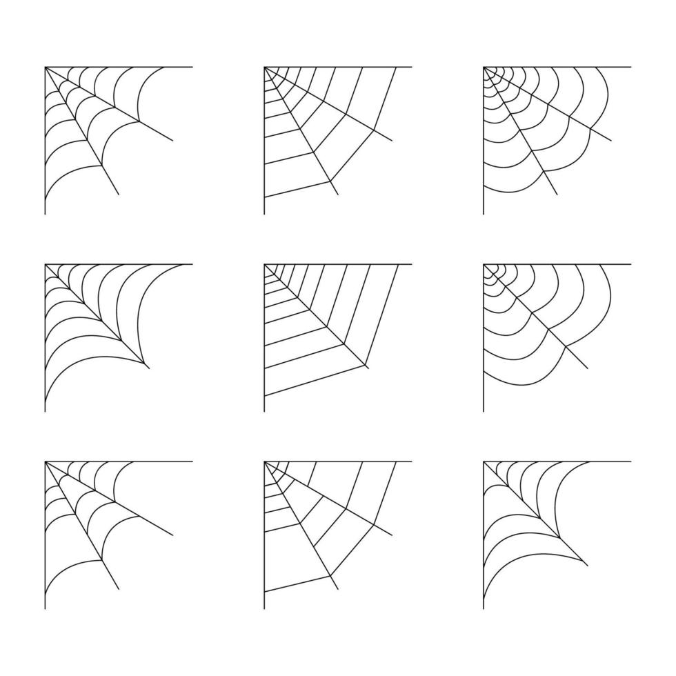 Set of quarter spider web isolated on white background. Halloween spiderweb elements. Collection cobweb line style. Vector illustration for any design.