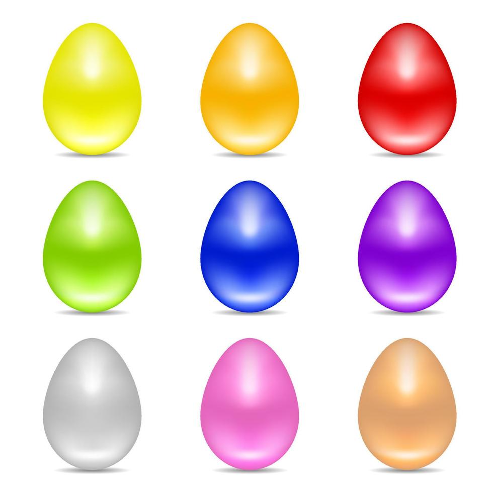 Set of Colorful Realistic Easter Eggs isolated on white background. Glossy Shiny Eggs. Vector Illustration for Your Design.