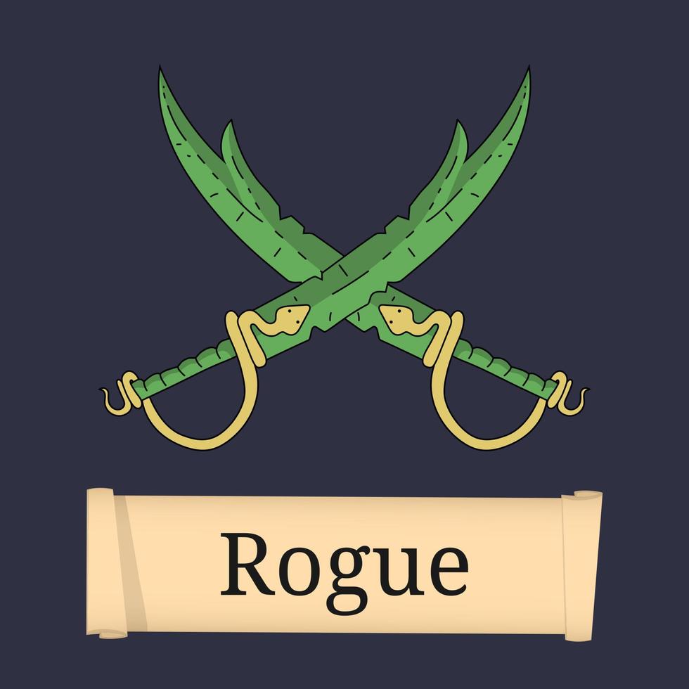 Template of Game Character, Class. Rogue Class. Attributes of rogue isolated on dark background. Select your class. Vector illustration.