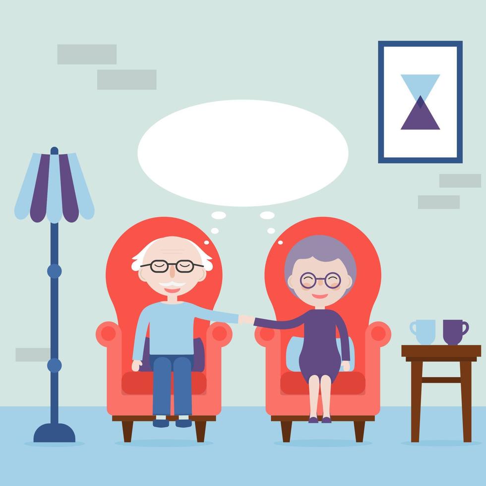 Grandfather and grandmother hold hands and sitting in armchair. Feel love always. Dreams of the elderly. The elderly happy and love. Vector illustration.