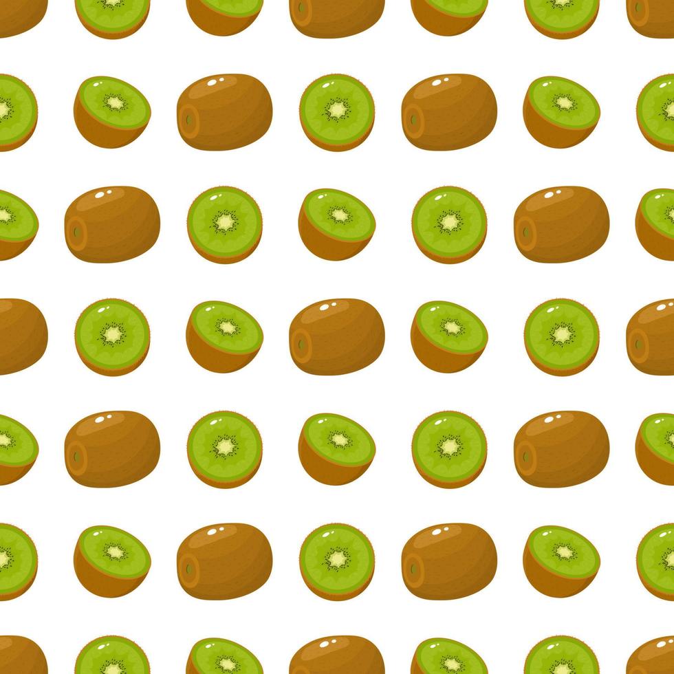 Seamless pattern with fresh whole and half kiwi fruit on white background. Summer fruits for healthy lifestyle. Organic fruit. Cartoon style. Vector illustration for any design.