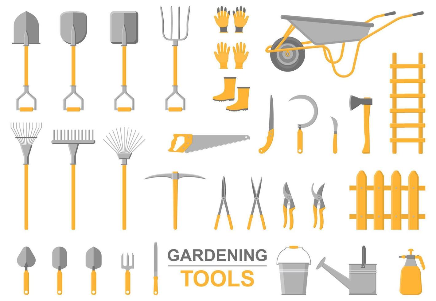 Set of various gardening items. Gardening tools of farming or farmer garden household. Shovel, pitchfork, saw, axe, gloves, boots. Vector illustration in cartoon style isolated on white background