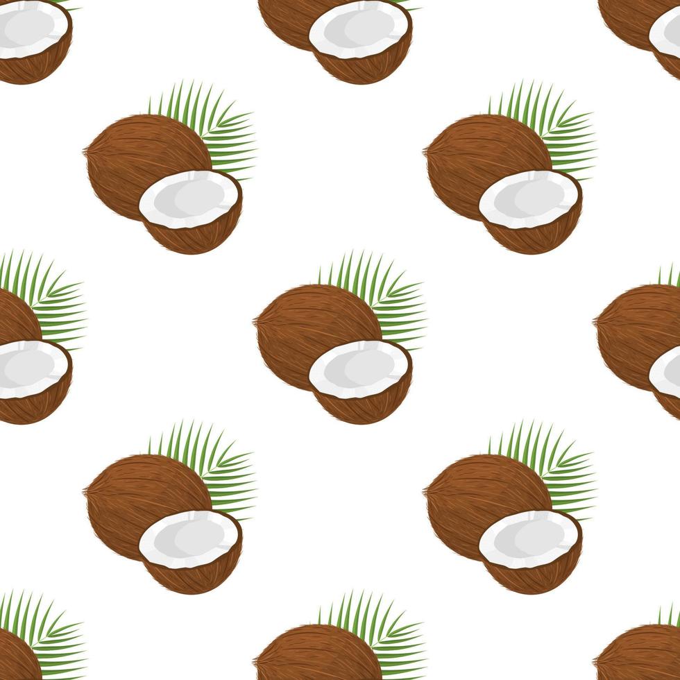 Seamless pattern with cartoon detailed brown exotic whole coconut, half and green leaf. Summer fruits for healthy lifestyle. Organic fruit. Vector illustration for any design.