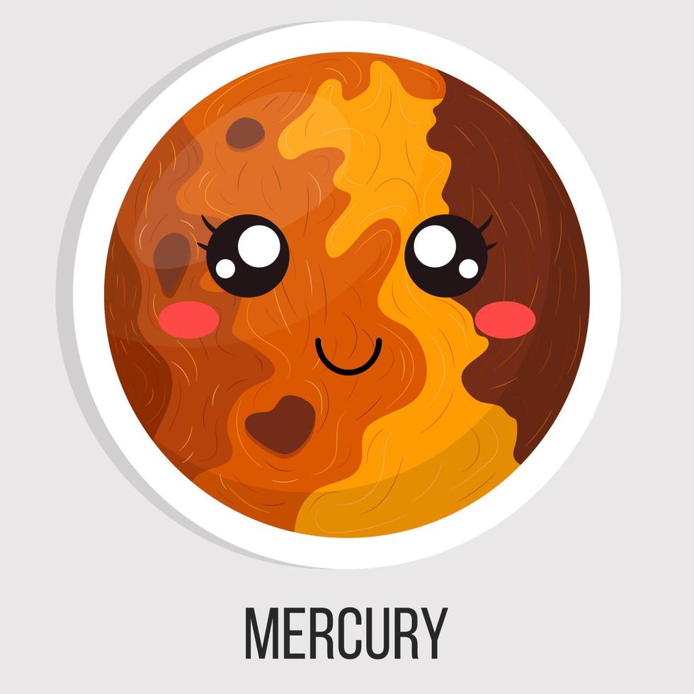 Cartoon cute mercury planet isolated on white background. Planet of solar system. Cartoon style vector illustration for any design.