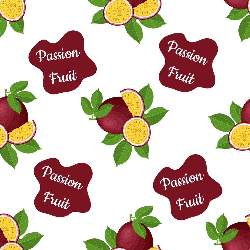 Seamless pattern with fresh bright exotic whole and cut slice passion fruit on white background. Summer fruits for healthy lifestyle. Organic fruit. Cartoon style. Vector illustration for any design.