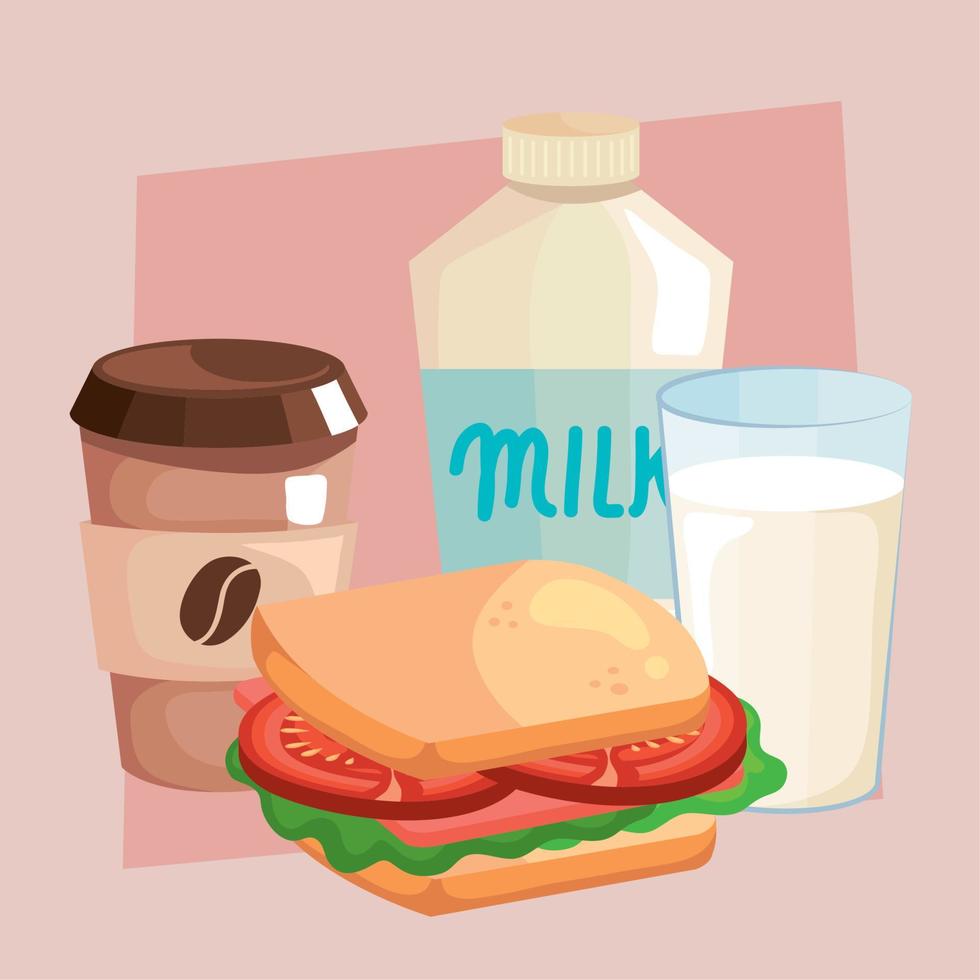 milk and sanwich with coffee vector