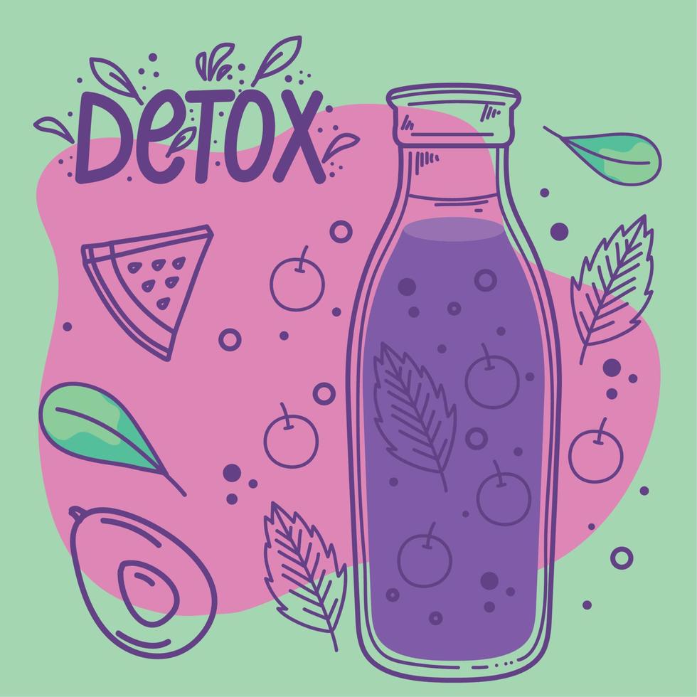 detox lettering and blueberry drink vector