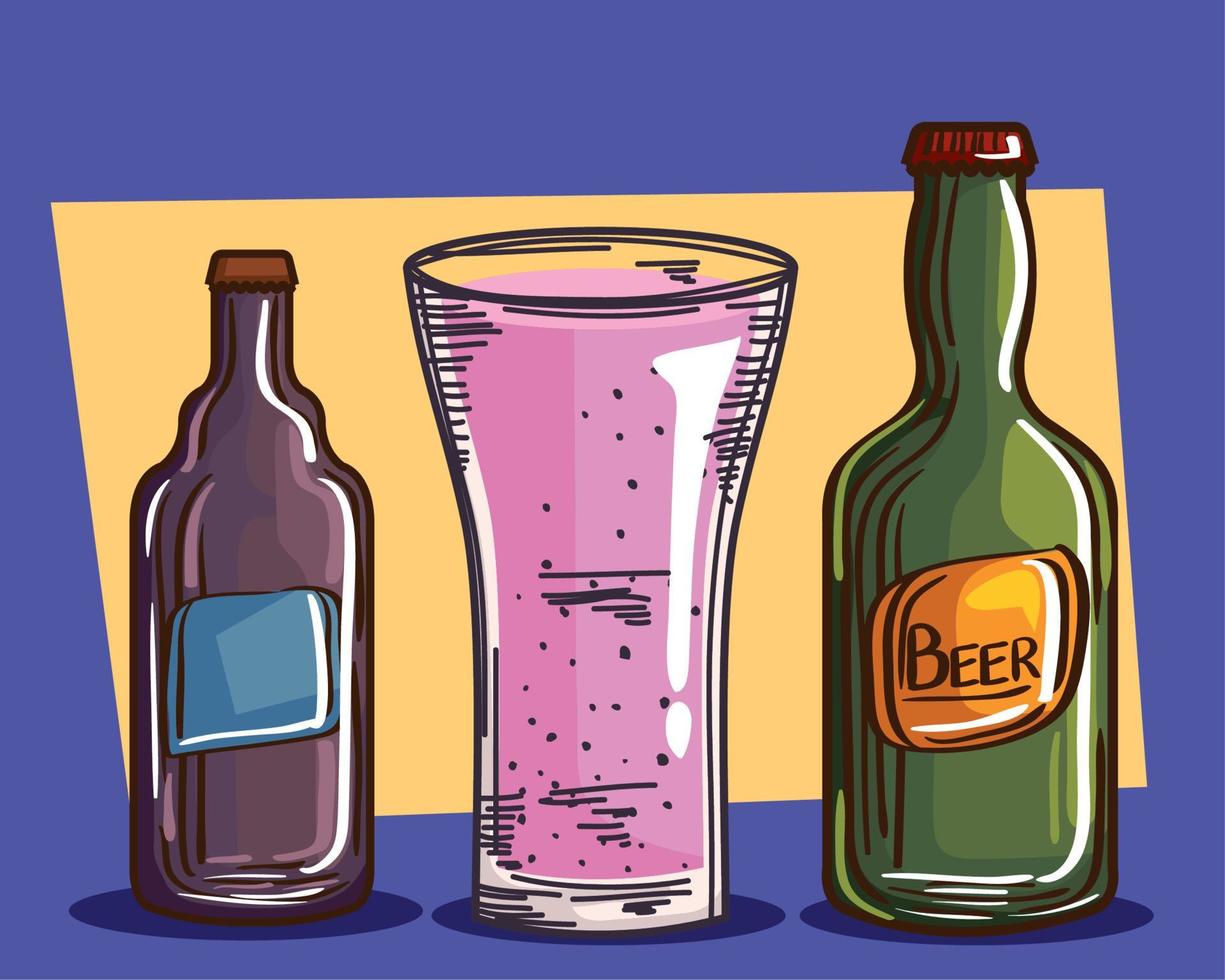 bottles and glass drinks vector