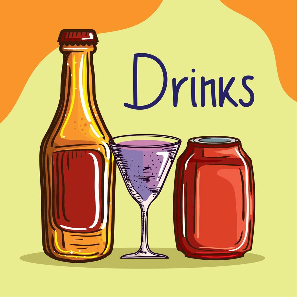 drinks lettering with beers and cocktail vector