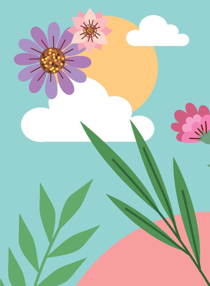 flowers and clouds with sun vector