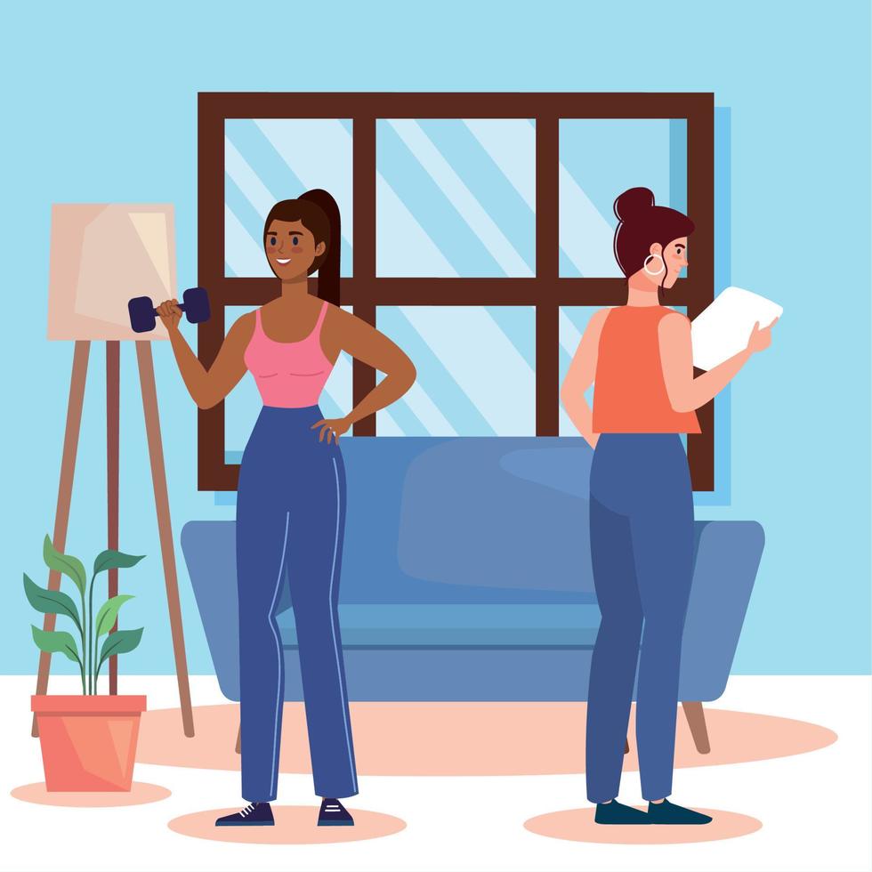 girls practicing activities in livingroom vector