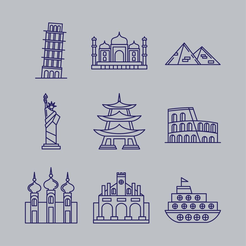 nine world famous landmarks vector