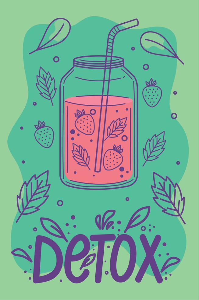 detox lettering and strawberries juice vector